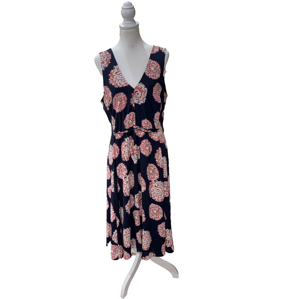Ann Taylor Floral Midi Dress Navy Pink Fit & Flare A-Line Lined V Neck 12 NWT